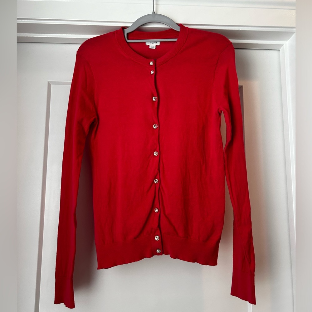 Hot pink J. Crew cardigan with diamond buttons